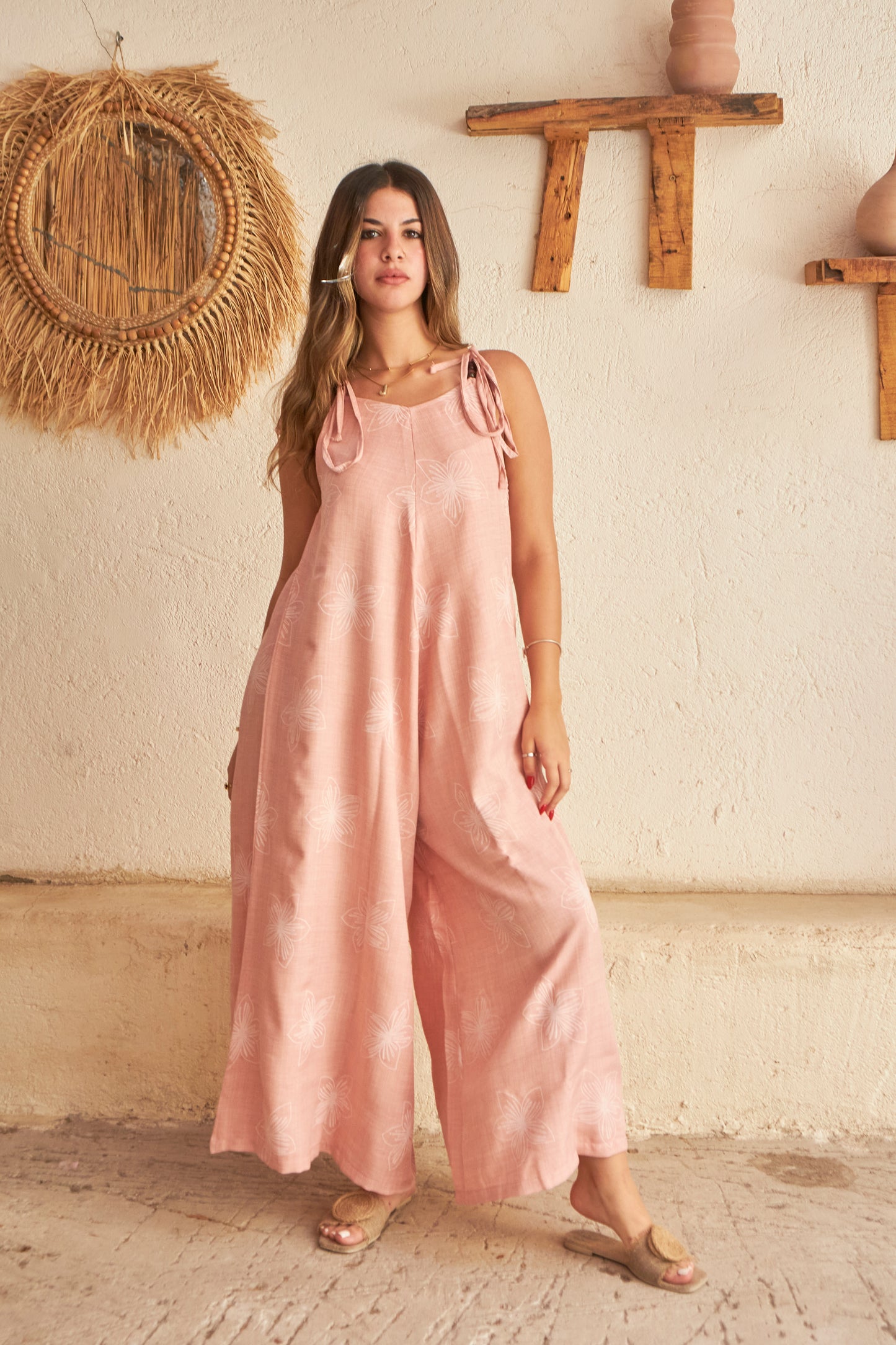 Floral Linen Jumpsuit - Pink